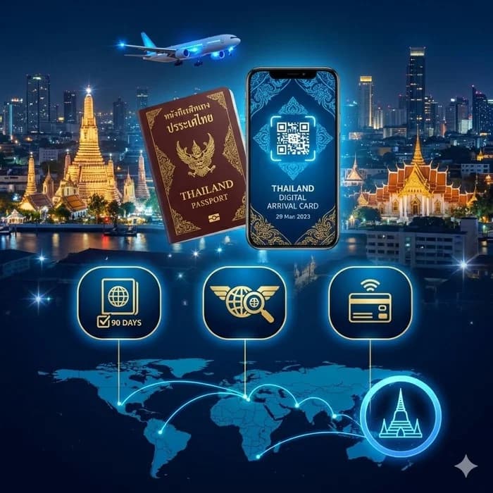 Bangkok skyline · Temple · Passport